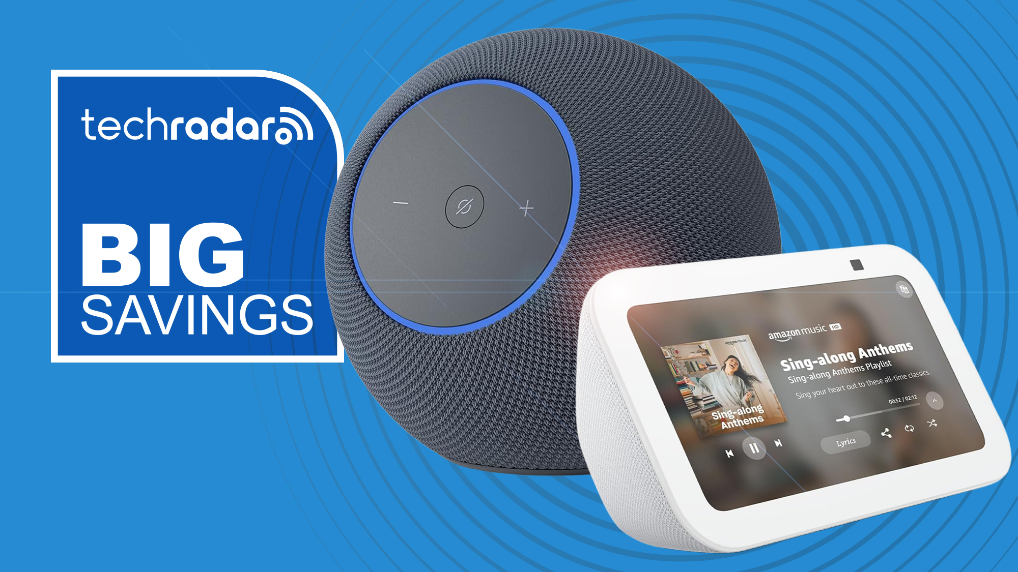Two Amazon Echo devices on blue background with text &#039;TechRadar Big Savings&#039;