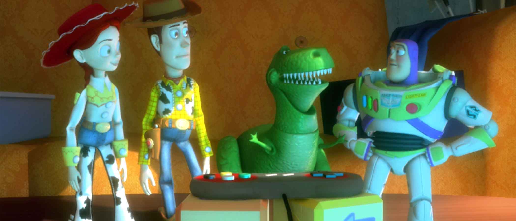 characters from Toy Story 3, a cow girl, cow boy, dinosaur and space man