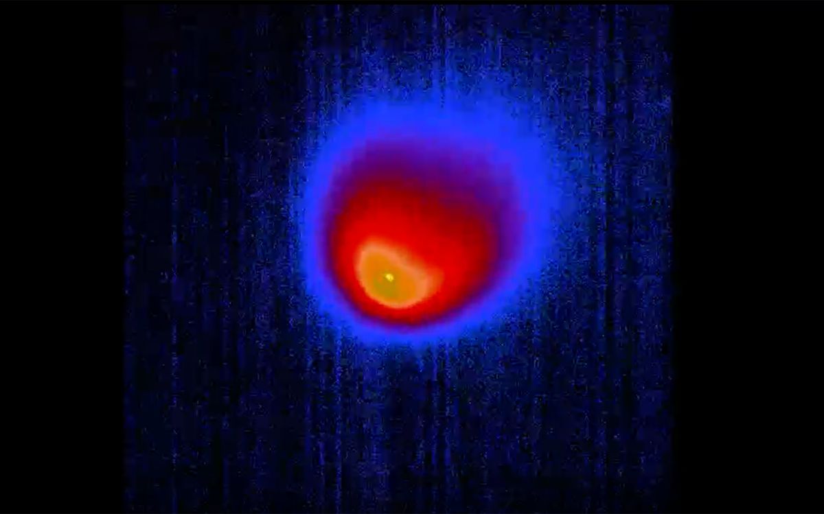A final infrared image of the successful intercept of a threat-representative ICBM target by two long-range Ground-based Interceptors launched from Vandenberg Air Force Base, Calif., March 25, 2019.