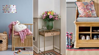 Small entryway storage mistakes are the worst. Here are three entryway pictures - one blue entrywaywith a bench, one with a vase of flowers, and one of a wooden shoe storage bench