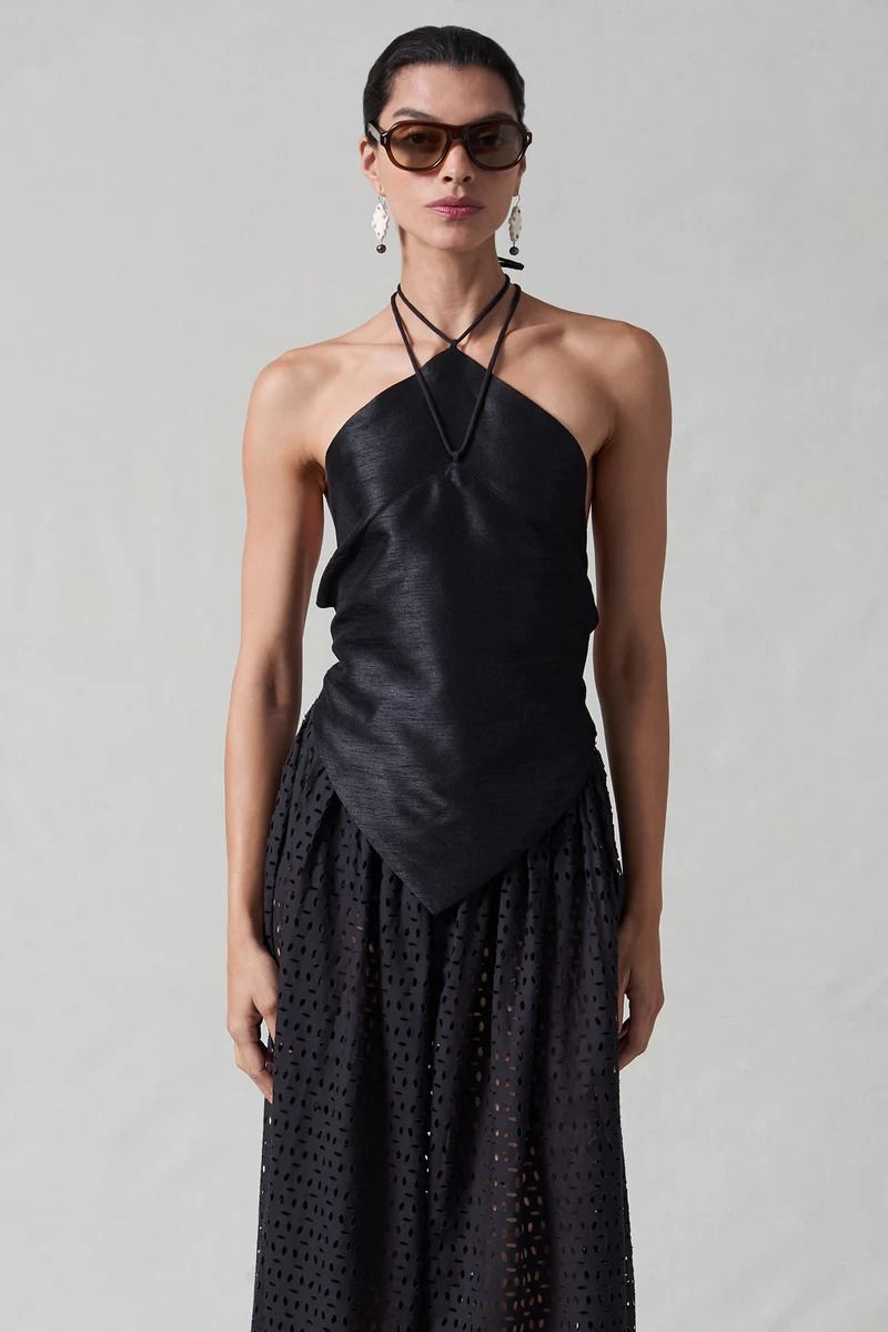 chanluu, Napkin Dupioni Halter Top Black