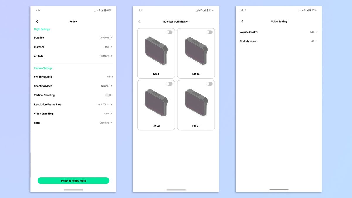 A compilation of screenshots showing the HoverAir X1 app on Google Pixel 7 Pro