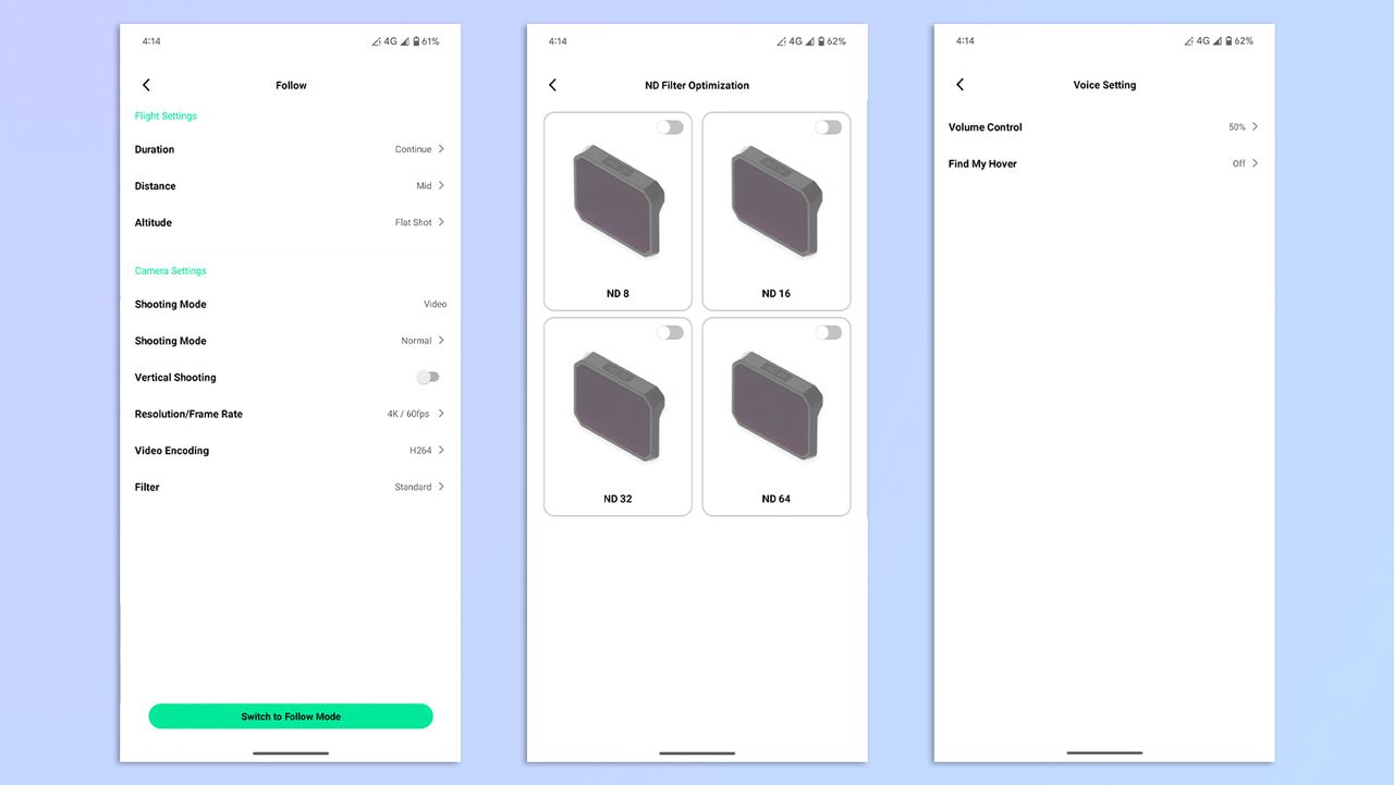 A compilation of screenshots showing the HoverAir X1 app on Google Pixel 7 Pro