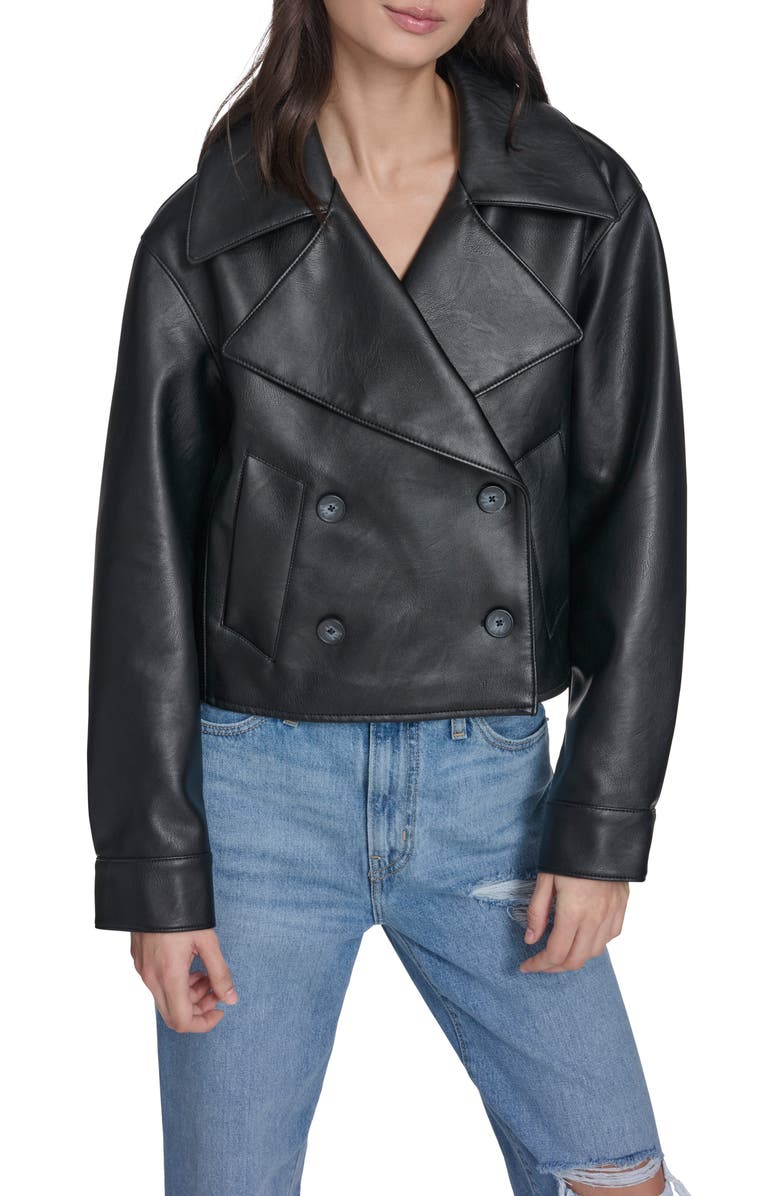 Double Breasted Faux Leather Crop Trench Coat