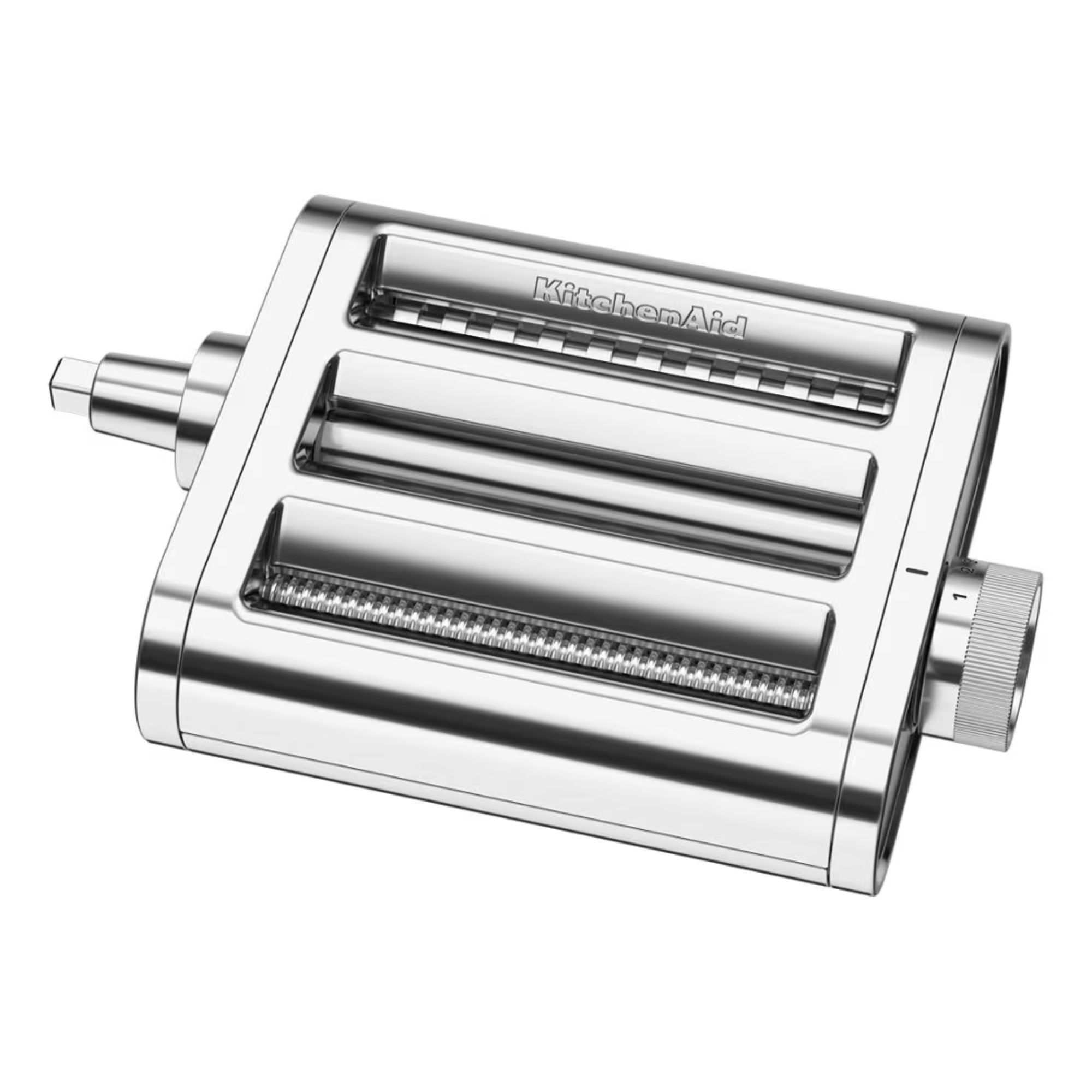 A stainelss steel pasta roller and cutter attachment for KitchenAid stand mixers.