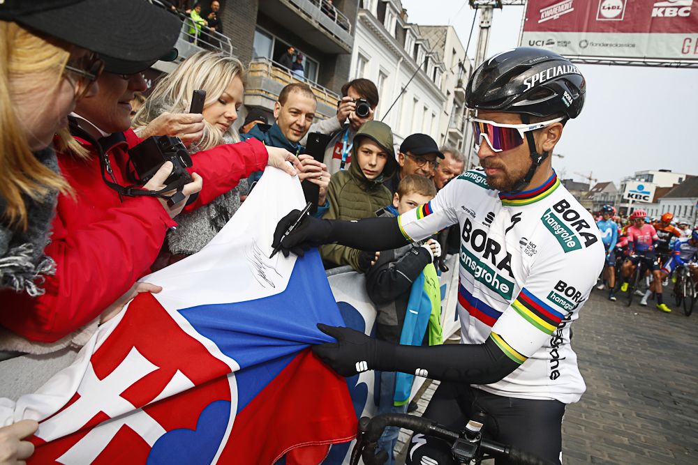 Peter Sagan interacts with fans before the start of Gent-Wevelgem