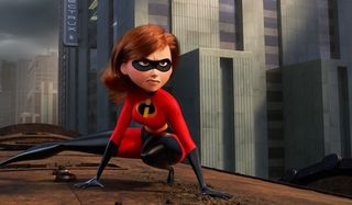 The Incredibles 2 Elastigirl doing a superhero pose on a train roof