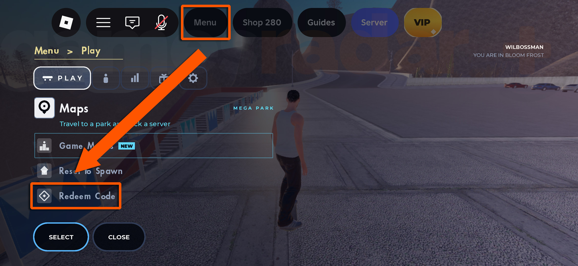 An orange arrow showing how to access the menu used to redeem Skate Tree codes