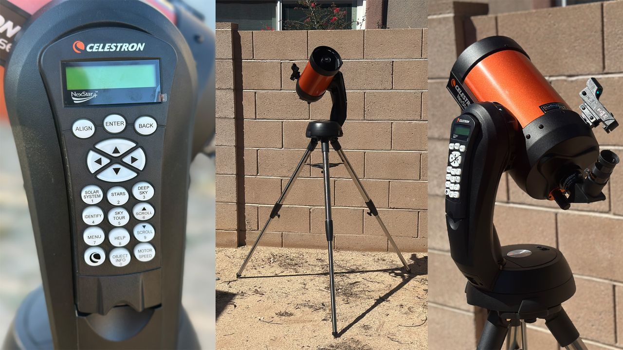 Celestron NexStar 6SE in a backyard, in front of a brick wall