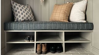 close up images of a built-in shoe storage bench in a mudroom