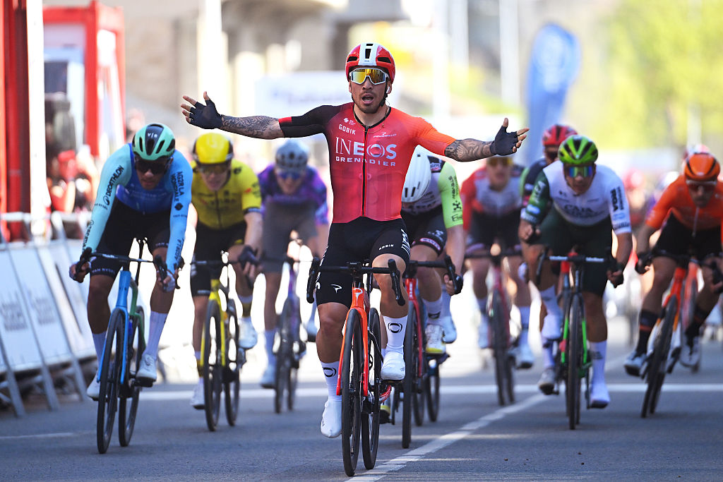 LODOSA SPAIN APRIL 08 Caleb Ewan of Australia and Team Ineos Grenadiers celebrates at finish line as stage winner during the 64th Itzulia Basque Country 2025 Stage 2 a 1866km stage from PamplonaIruna to Lodosa UCIWT on April 08 2025 in Lodosa Spain Photo by Tim de WaeleGetty Images