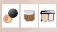 Collage of images of three of the best powder foundations featured in this guide from bareMinerals, Fenty Beauty and Dior, in white boxes against a dusky pink watercolour-style background