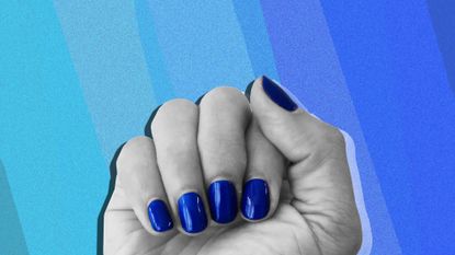 Hand with cobalt blue nail polish on a blue gradient background