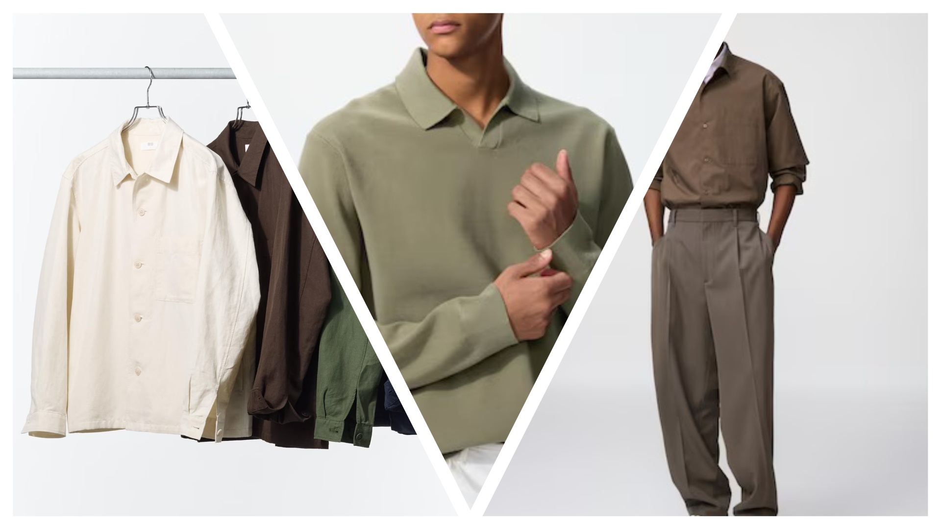 Uniqlo Spring highlights, three images sliced together of jackets on a rail, an olive polo and pleated trousers 