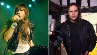Iron Maiden singer Bruce Dickinson performing onstage and Blaze Bayley posing offstage