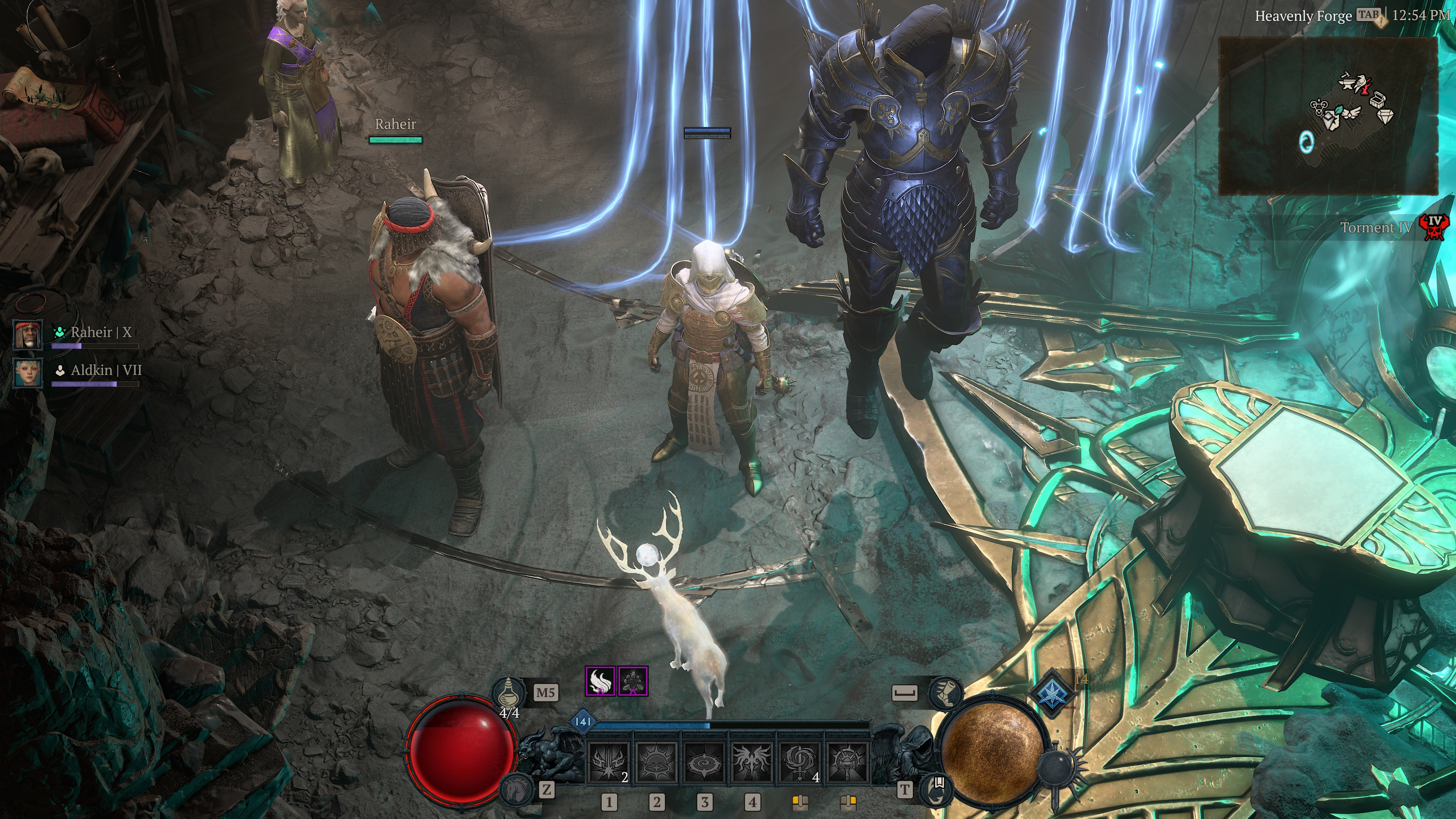 A screenshot of Diablo 4. A paladin player character stands before a floating angel and a glowing forge for sanctification.