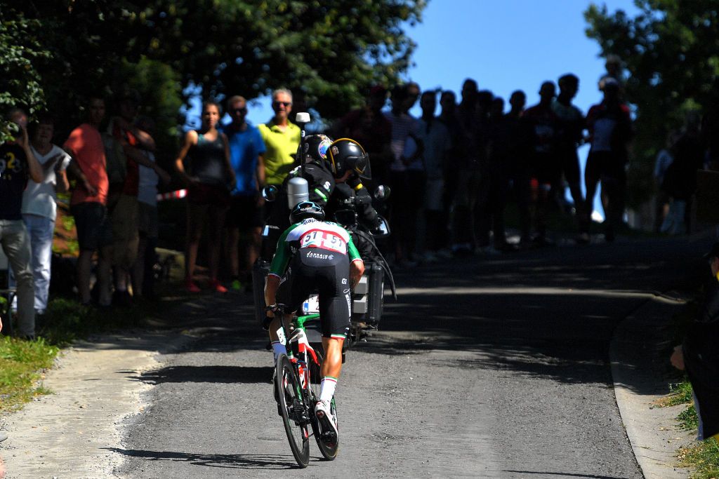 HOUFFALIZE BELGIUM SEPTEMBER 04 Detailed view of Sonny Colbrelli of Italy and Team Bahrain Victorious competes in the breakaway during the 17th Benelux Tour 2021 Stage 6 a 2076km stage from OttigniesLouvainlaNeuve to Houffalize BeneluxTour on September 04 2021 in Houffalize Belgium Photo by Luc ClaessenGetty Images