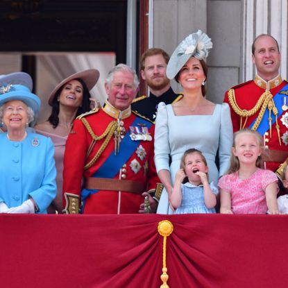 Queen Elizabeth II, Meghan, Duchess of Sussex, Prince Charles, Prince of Wales, Prince Harry, Duke of Sussex, Catherine, Duchess of Cambridge, Prince William, Duke of Cambridge, Princess Charlotte of Cambridge, Savannah Phillips, Prince George of Cambridge and Isla Phillips stand on the balcony of Buckingham Palace during the Trooping the Colour parade on June 9, 2018 