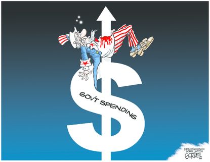 Political Cartoon U.S. government spending debt uncle sam