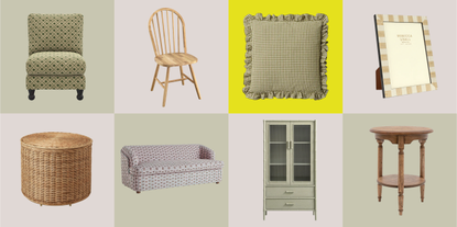 Product grid with farmhouse living room decor products such as patterned lounge chair, and sofa rattan pouffe storage, wooden farmhouse chair, rounded wooden table.