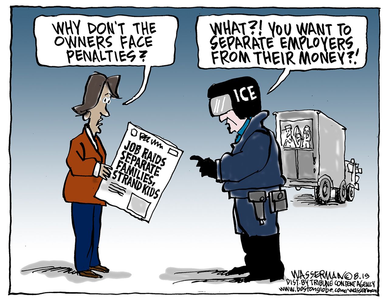 Political Cartoon U.S. ICE Raids Punishing Exploitative Employers