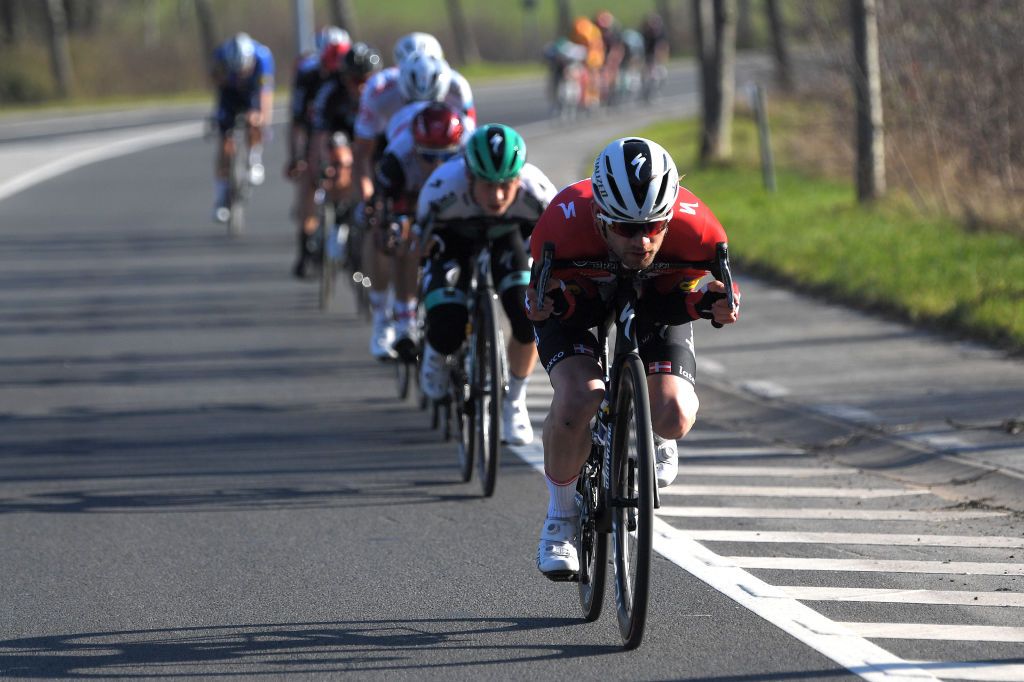 KUURNE BELGIUM FEBRUARY 28 Kasper Asgreen of Denmark and Team Deceuninck QuickStep Ide Schelling of Netherlands and Team Bora Hansgrohe during the 73rd Kuurne Bruxelles Kuurne 2021 a 197km race from Kuurne to Kuurne KBK21 KuurneBrusselKuurne on February 28 2021 in Kuurne Belgium Photo by Luc ClaessenGetty Images