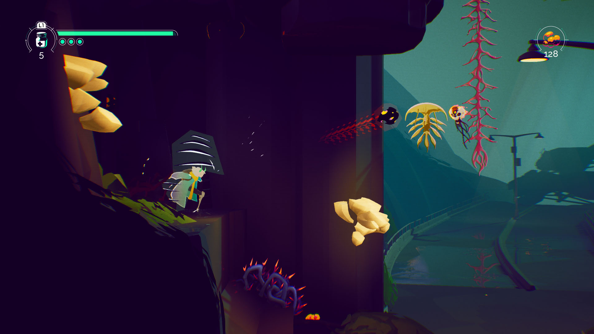 Jumping down a cliff in Possessor(s) as enemies swarm