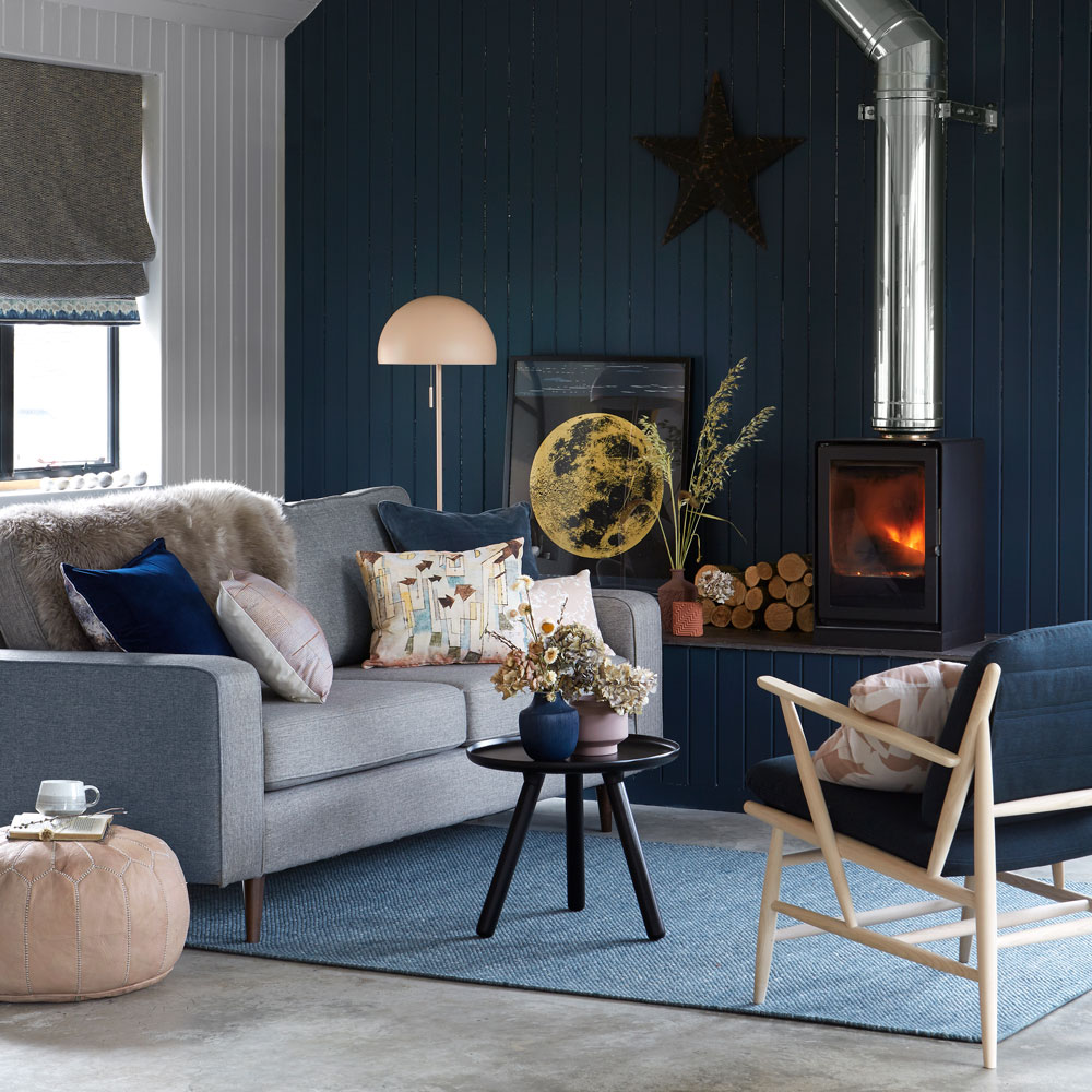 Modern living room with midnight blue colour scheme