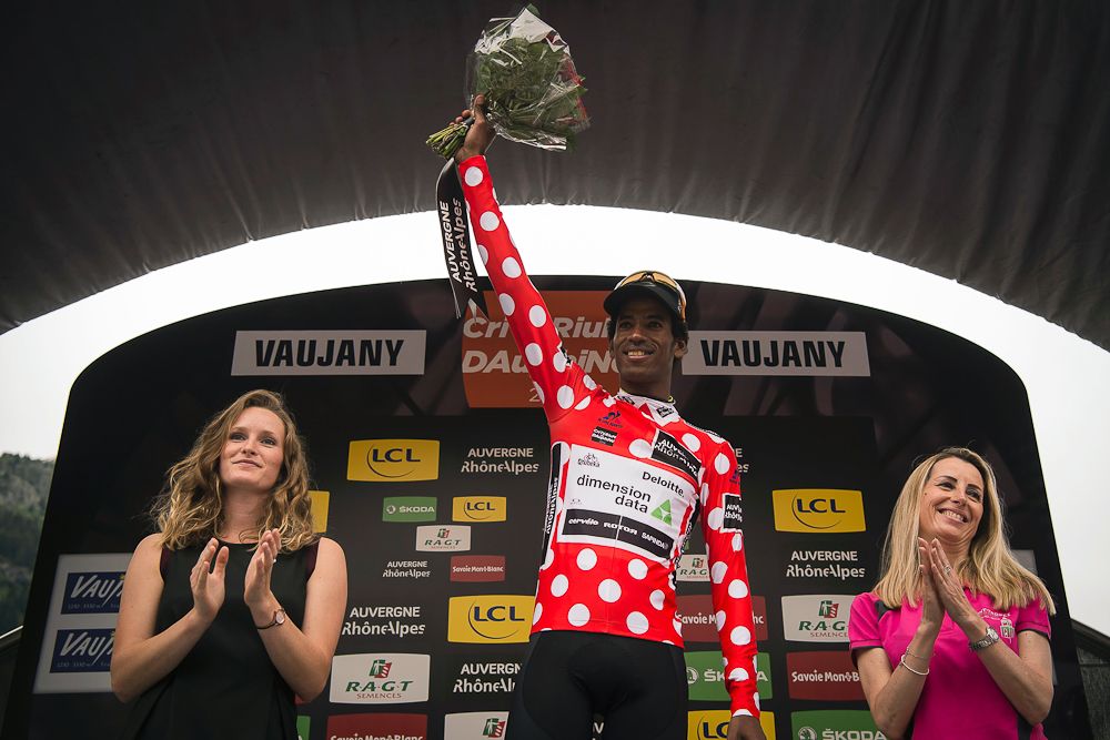 Daniel Teklehaimanot in the polka dot jersey following stage 5 at the Criterium du Dauphine
