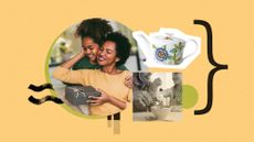 Photo collage of a mother with a gift box and her daughter embracing, a mother and child eating ice cream together, and a product photo of a porcelain teapot