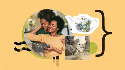 Photo collage of a mother with a gift box and her daughter embracing, a mother and child eating ice cream together, and a product photo of a porcelain teapot