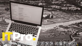 A montage of someone using a laptop overlaid on an aerial view of the Pentagon