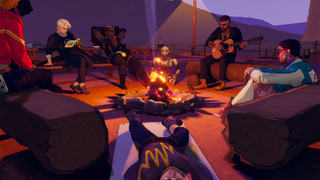 The cast of Dustborn sit around a canyonside campfire.