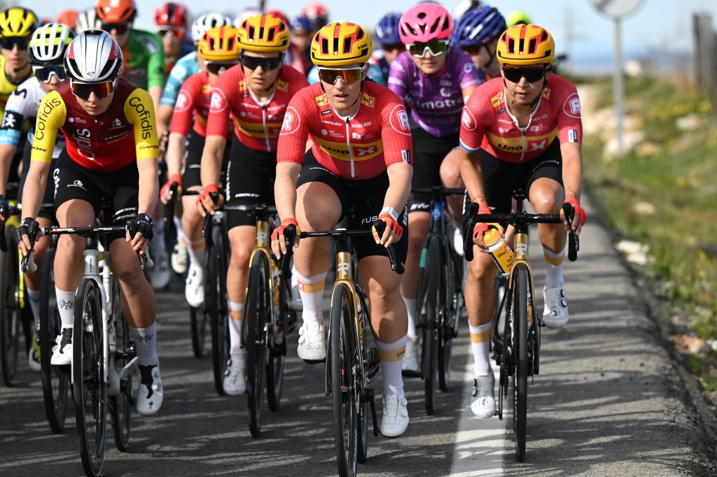 GANDIA SPAIN FEBRUARY 13 LR Linda Zanetti of Switzerland and Anouska Koster of The Netherlands and Team UnoX Mobility compete during the 9th Setmana Ciclista Volta Femenina de la Comunitat Valenciana 2025 Stage 1 a 112km stage from Alzira to Gandia on February 13 2025 in Gandia Spain Photo by Szymon GruchalskiGetty Images