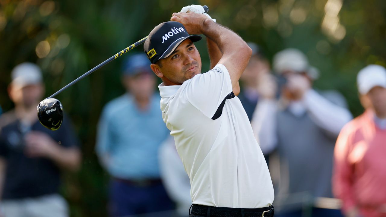 Jason Day of Australia plays his shot from the 15th tee during the first round of THE PLAYERS Championship on the Stadium Course at TPC Sawgrass