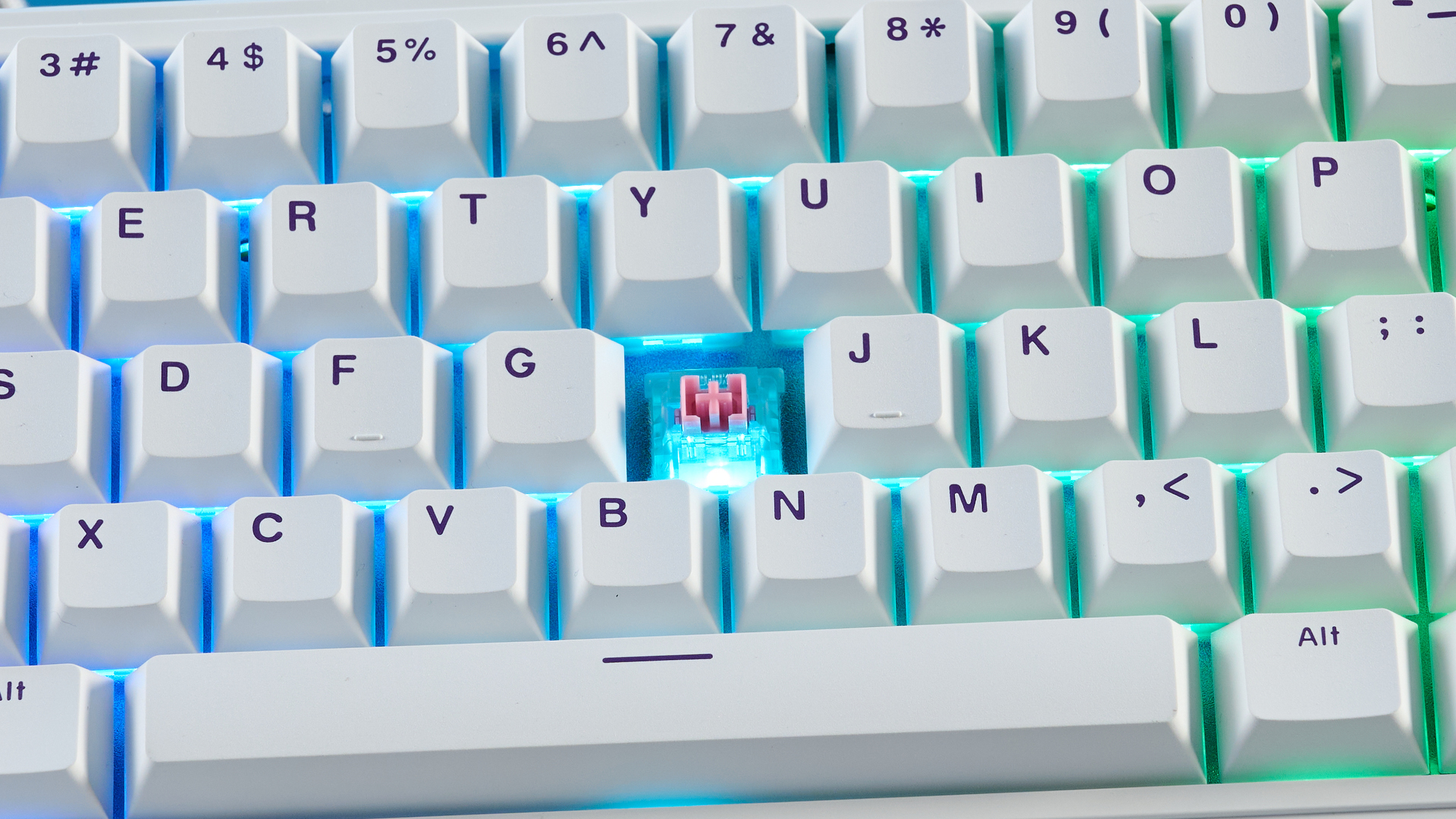 A white and purple Epomaker HE68 Hall Effect keyboard