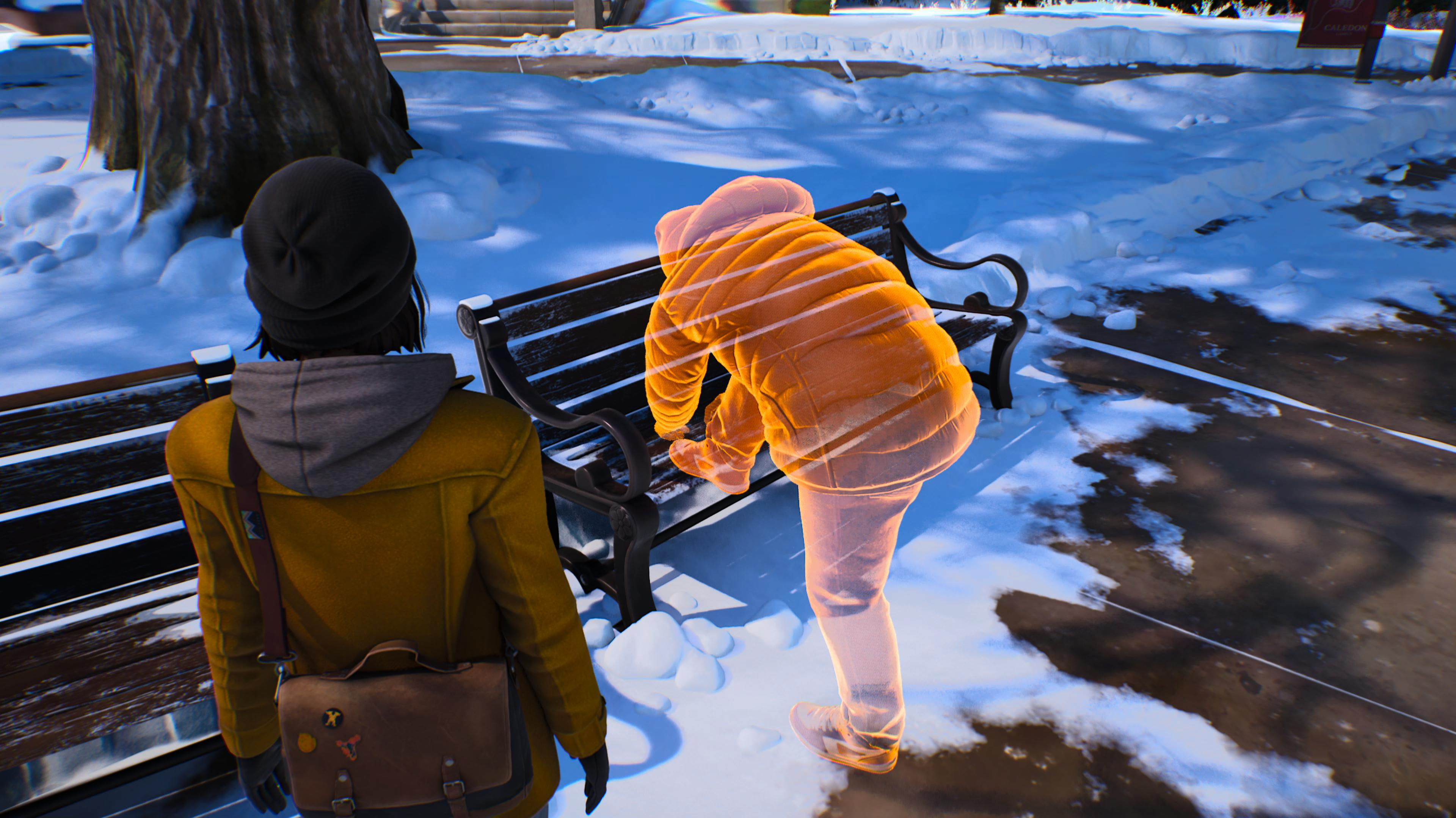 A glowing figure tying their shoes on a bench in Life is Strange: Double Exposure.