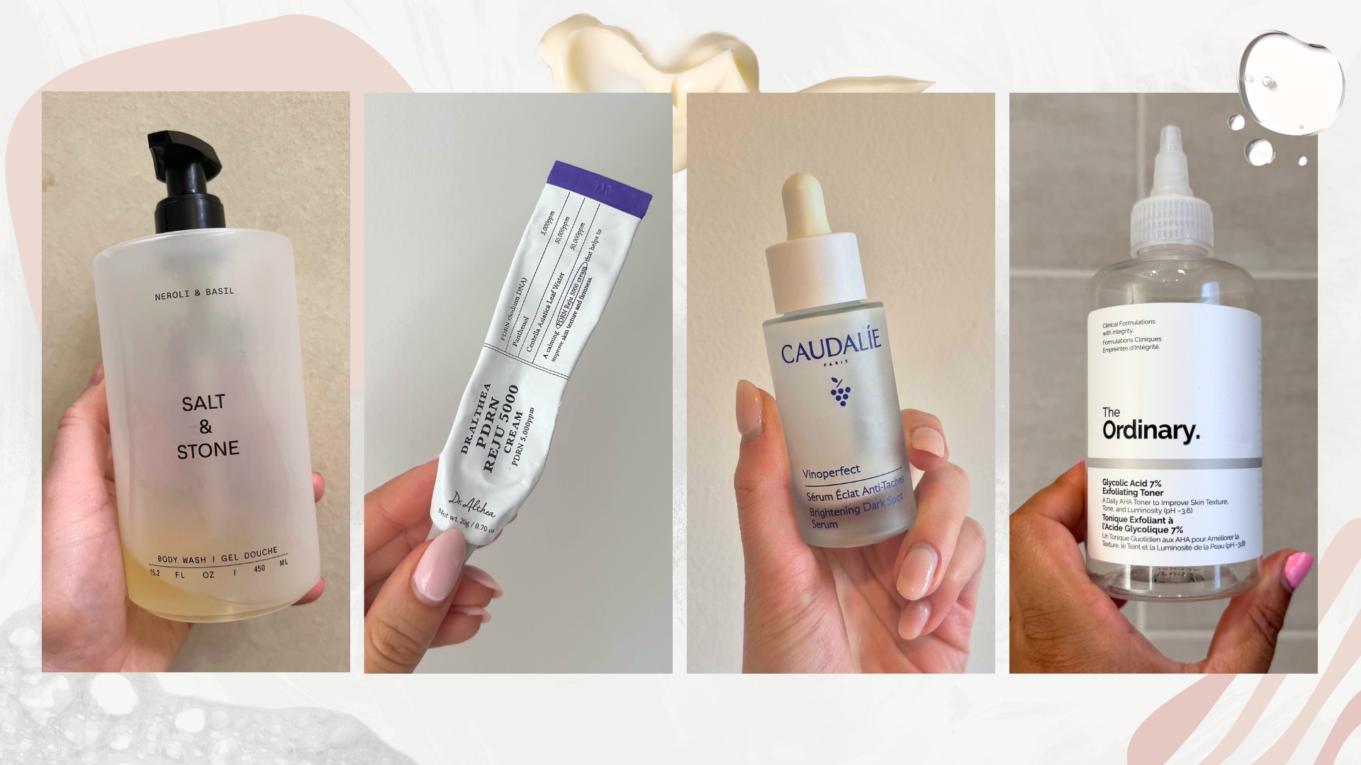 Four images of empty beauty products (L-R) from Salt &amp; Stone, Dr Althea, Caudalie and The Ordinary, on a white background with product swatches and pink graphics