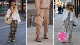 Three women including Sarah Jessica Parker (right) wearing Birkenstock clogs with casual trousers