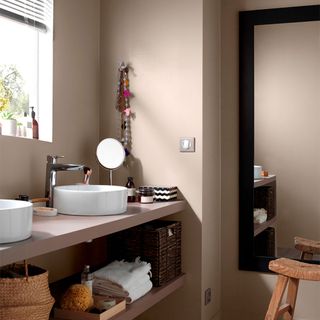 bathroom with mid-toned paint colour wall and washbasin and shelves and towel