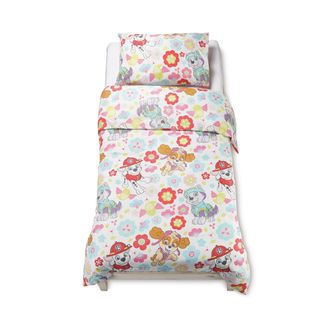 children's floral bedding with cartoon rescue pup prints