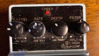 Closeup of settings on a Boss CE-5 Chorus Ensemble pedal