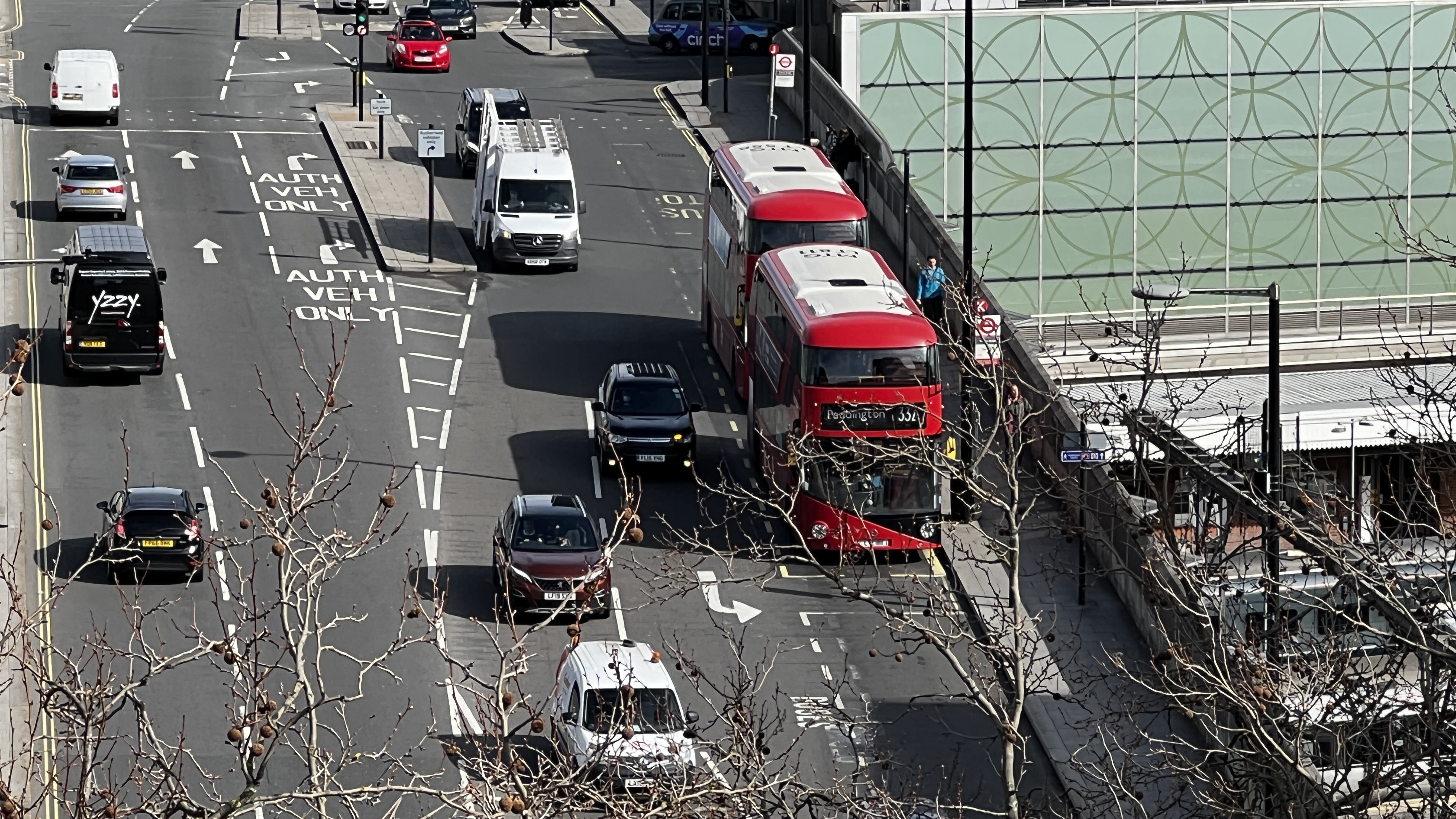 Long shot and close up of bus in daylight