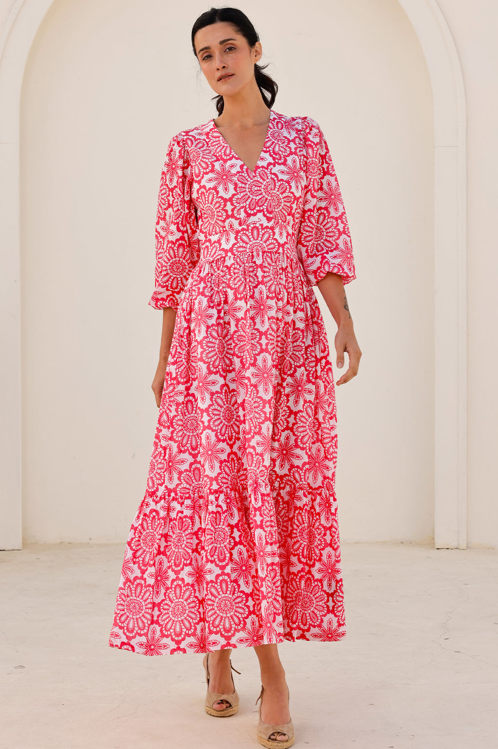 Annie Maxi Organic Cotton Dress | Lace Floral White/pink