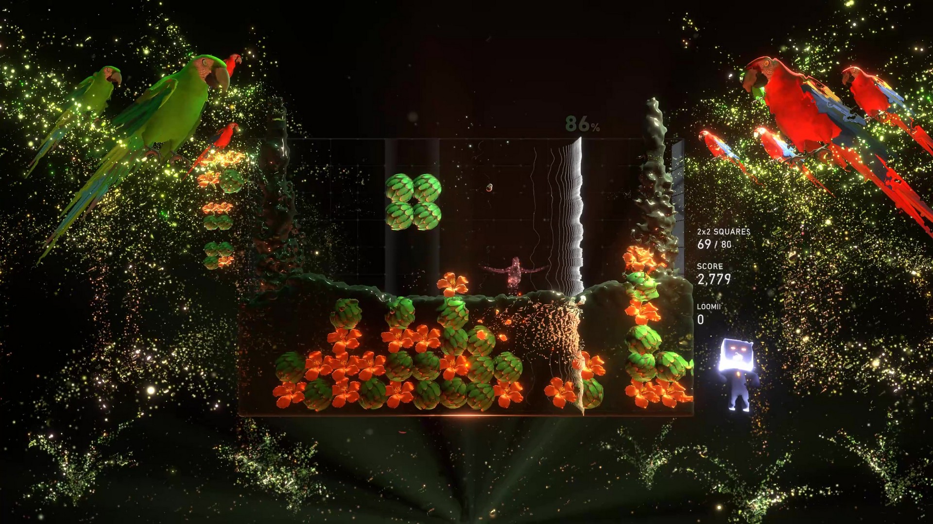 Matching fruit blocks in Lumines Arise as water streams in from the sides and parrots chirp