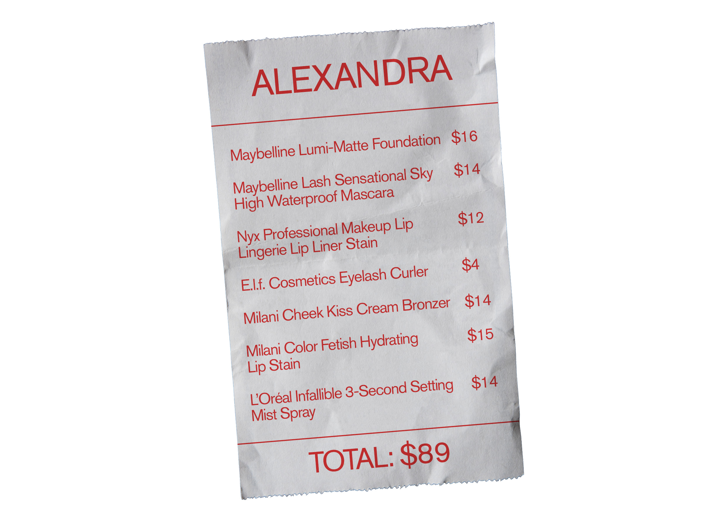 Alexandra French&#039;s drugstore beauty receipt.