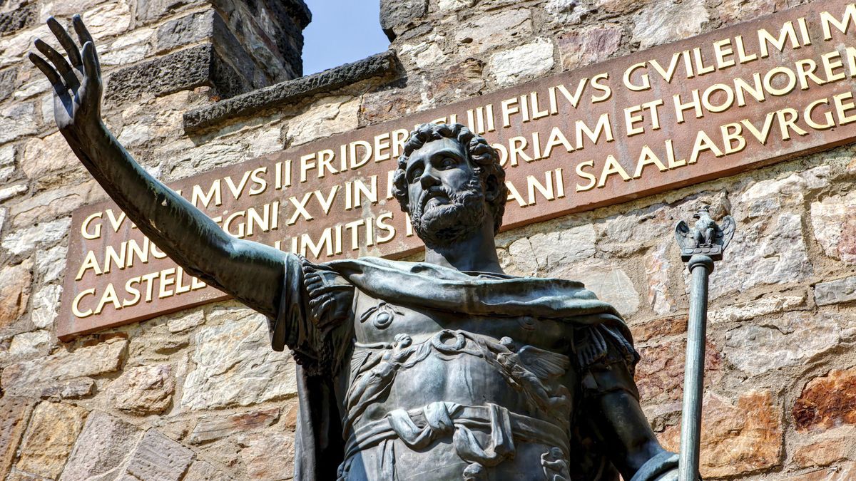 Bronze statue of Roman Emperor Antoninus Pius in Hesse, Germany.