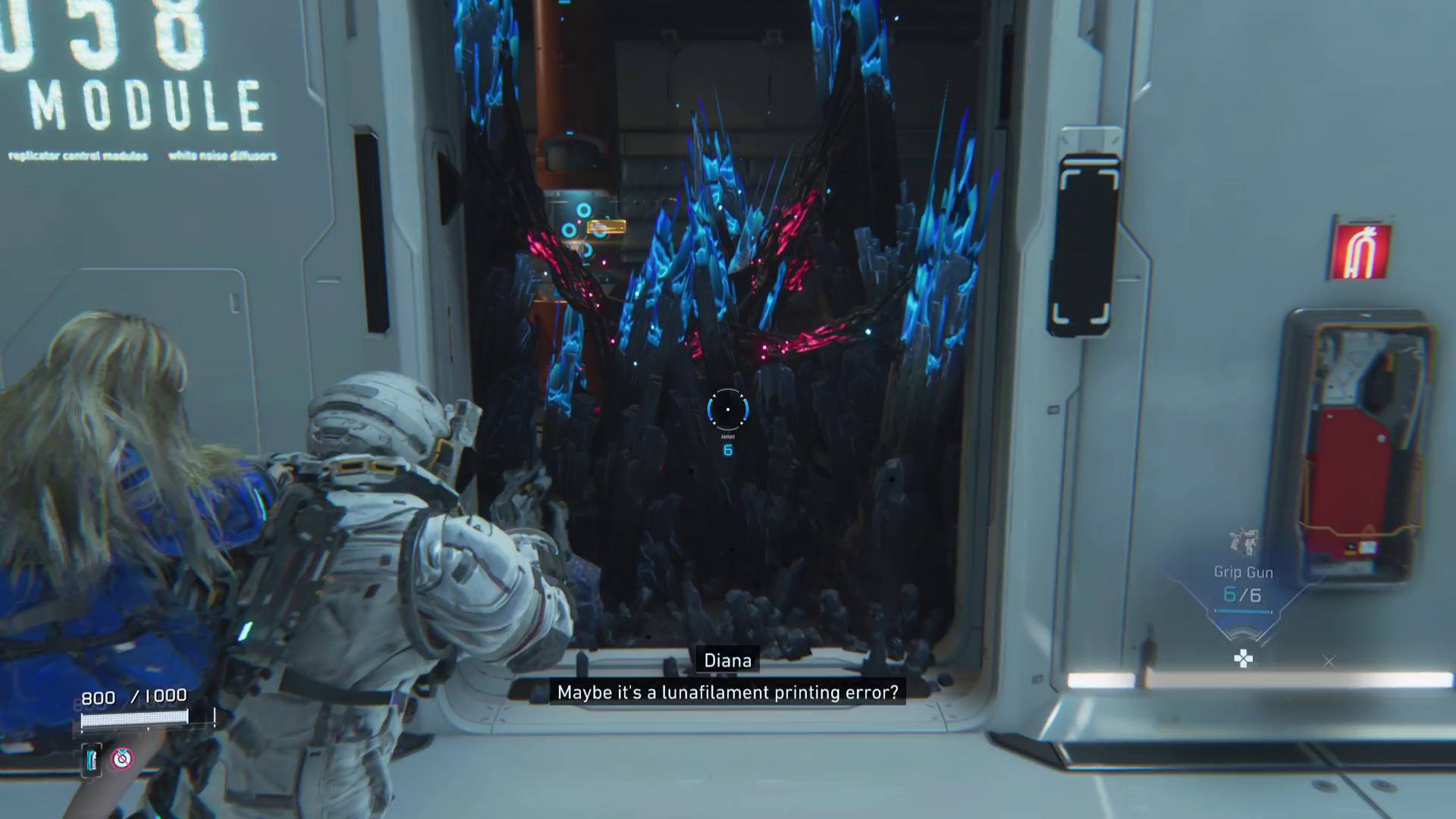 Pragmata Hugh and Diana looking at blue crystals blocking doorway