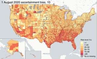 This map shows the likelihood of a person with COVID-19 attending an event with about 50 people on Aug. 1, 2020.