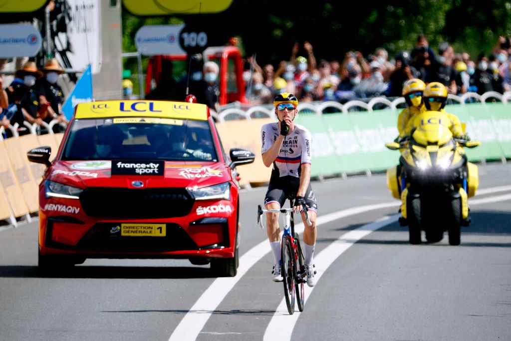 LIBOURNE FRANCE JULY 16 Matej Mohori of Slovenia and Team Bahrain Victorious stage winner celebrates at arrival during the 108th Tour de France 2021 Stage 19 a 207km stage from Mourenx to Libourne LeTour TDF2021 on July 16 2021 in Libourne France Photo by Chris GraythenGetty Images